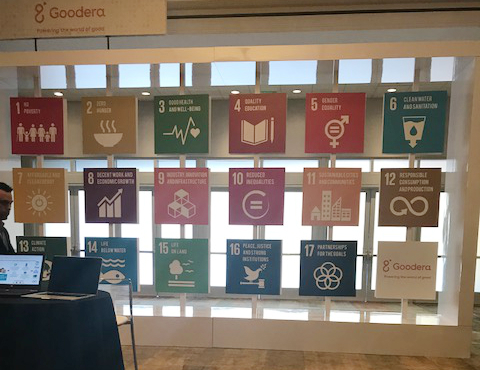 A display of the 17 SDGs by Cloudera at GreenBiz 18 in Phoenix, Arizona 在亚利桑那州凤凰城的Greenbiz 18在Greenbiz 18的Cloudera显示了17个SDGS