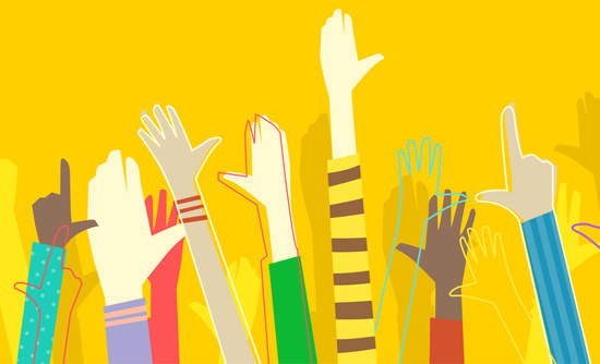 Illustration of diverse hands being raised 不同的手插图被提出