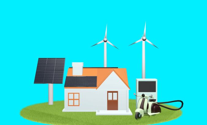3D render of The house uses solar cell energy and wind energy on a blue background.