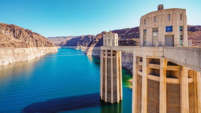Hoover Dam showing historically low water levels in October 2021.